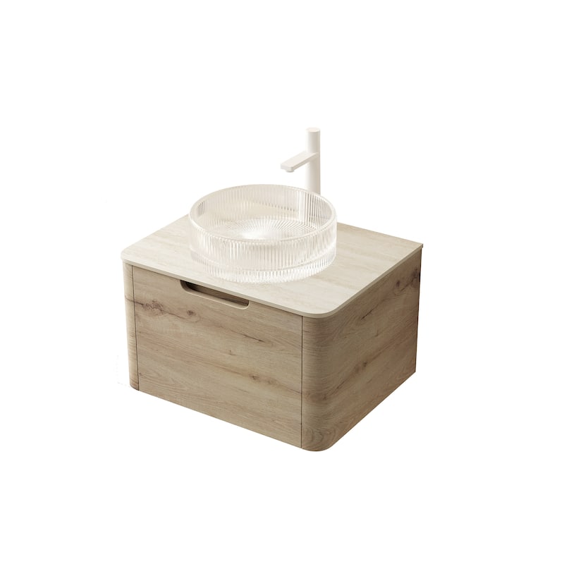 Floating Bathroom Vanity with Round Sink, Wall-Mounted Bathroom Storage Cabinet with Roma Travertine-Pattern Sintered Stone Top