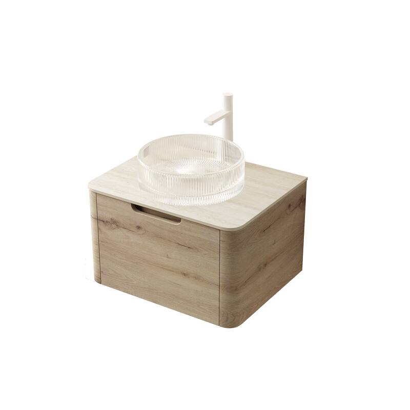 GDFStudio - Xai Floating Bathroom Vanity with Transparent Round Glass Basin, Roma Travertine-Pattern Sintered Stone Top