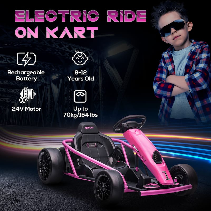 24V Electric Drift Go Kart with Safety Belt, Pink All-Terrain Car Battery Powered Electric Car with Music