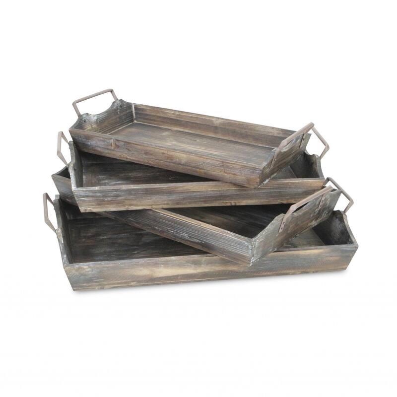 HomeRoots Set of Four Brown Wood Handmade Serving Tray With Handles