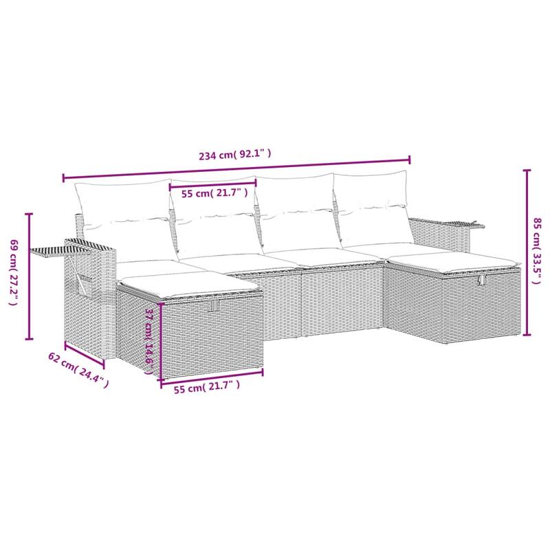 vidaXL Patio Sofa Set with Cushions Outdoor Furniture 6 Piece Poly Rattan
