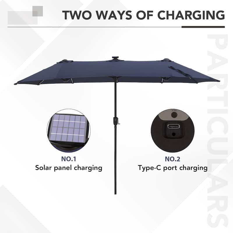 MAISON ARTS Double-Sided 13-foot Twin Outdoor Market Crank Umbrella with Colored LED Lights