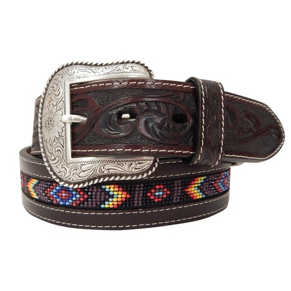 Roper Western Belt Mens Beaded Floral Hand Tooled Brown