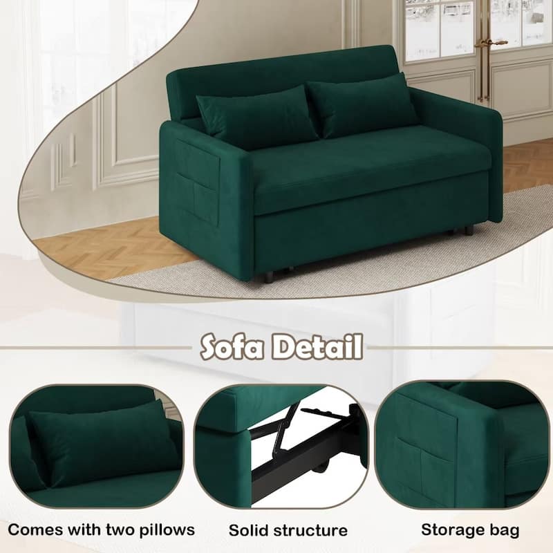 Sofa Pull Out Bed Included 2 Pillows Velvet Sofa for Small Spaces Teal