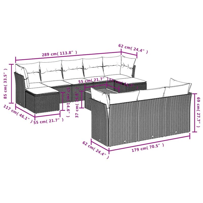 vidaXL Patio Sofa Set with Cushions Outdoor Furniture 11 Piece Poly Rattan - 24.4 x 24.4 x 27.2