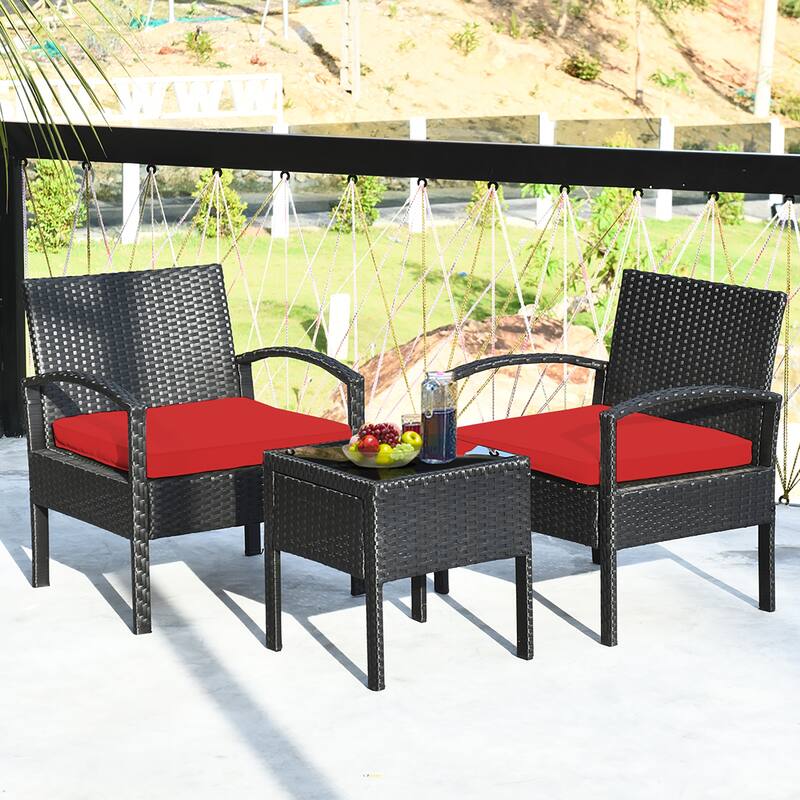 Costway 3PC Patio Rattan Furniture Set Coffee Table Conversation Sofa - See Details - Red