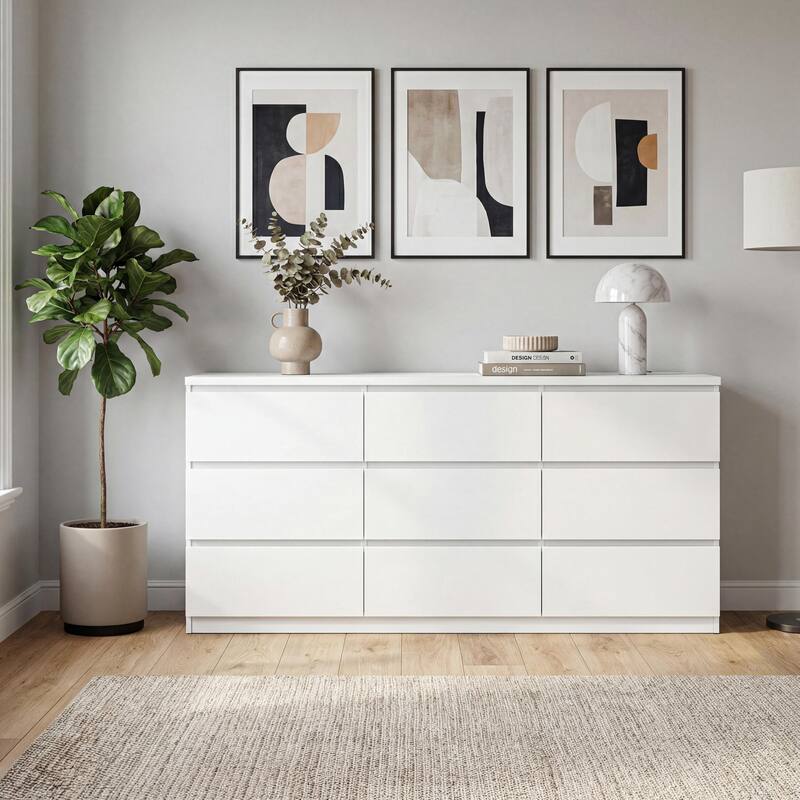 63" Wooden Dresser Cabinet with 9 Drawers, Entryway Chest of Drawers Dressing Table TV Console Table