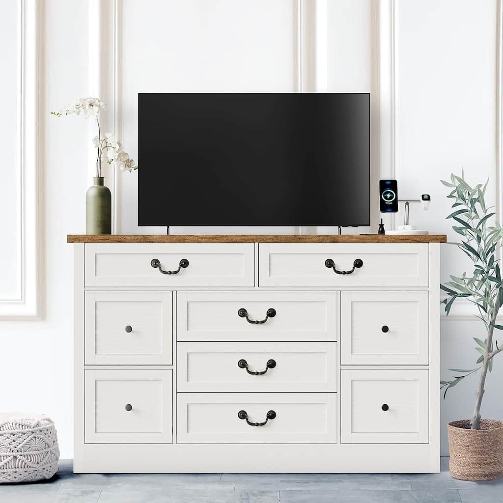 9 Drawer Dresser with Charging Station,54" Wide Wood Dresser with Metal Handle