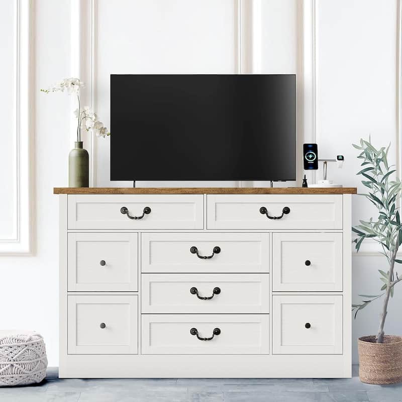 Farmhouse 9-Drawer Dresser with Charging Station, 54" Wide Wood Chest of Drawers with Metal Handles