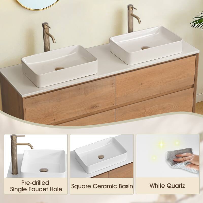 72" Floating Bathroom Vanity Quartz Counter Top with Double Ceramic Vessel Sink - Square Sink