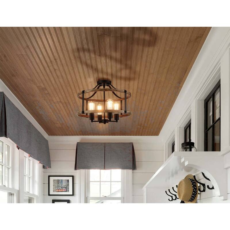 Tenerife Farmhouse Ceiling Light Fixtures Ceiling Semi Flush Mount Chandelier - Black & Wood Grain
