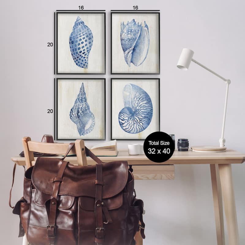 Stupell Blue Seashells on Beige Framed Giclee Art Design By Susan Arnot (Set of 4)