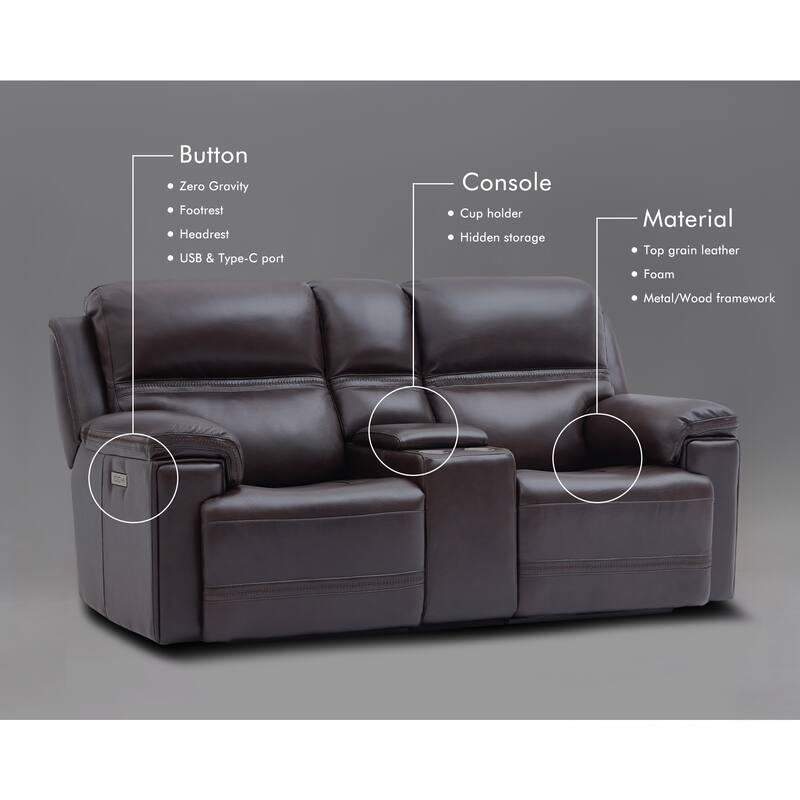 Genuine Leather Dual Power LoveSeat with Console, Adjustable Headrest, Footrest, USB/Type-C & Zero Gravity