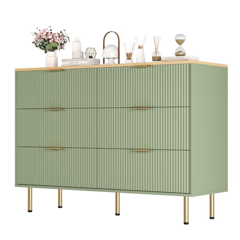 6 Drawer Fluted Dresser for Bedroom, Modern Wooden Storage Chest with Gold Handles - Green