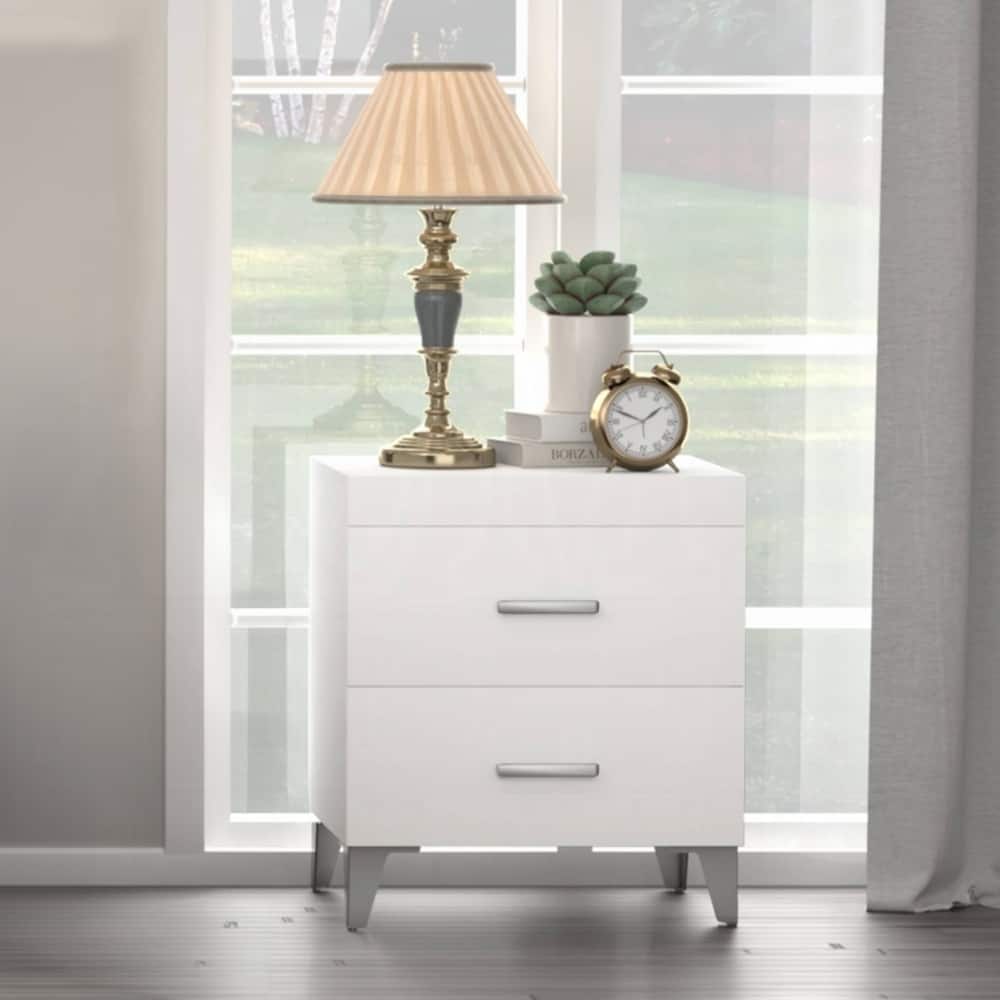 Modern Contemporary White Finish Nightstand with Two Drawers