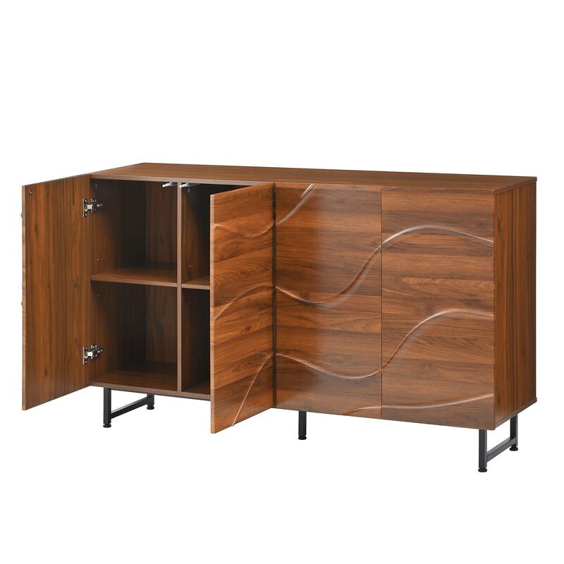 Anmytek Modern Wave Relief Solid Wood Sideboard, Walnut Texture, 59 Inch Storage Cabinet with Iron Legs for Living Room