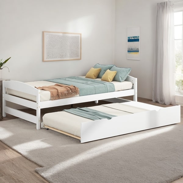 slide 2 of 20, Twin Size Solid Pine Platform Kids Bed Frame with Twin Size Trundle, White