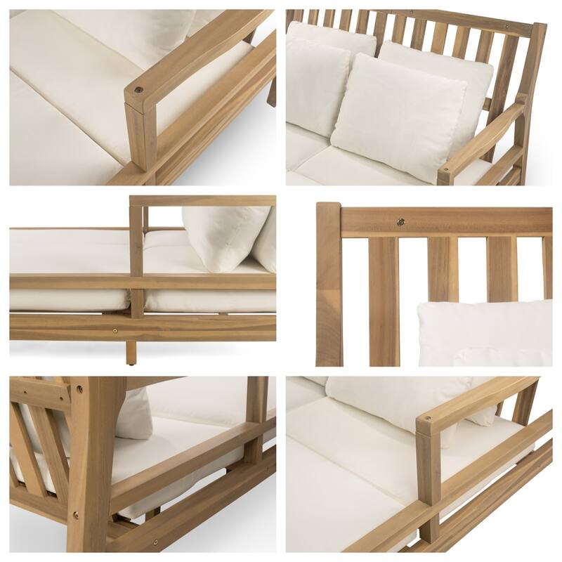 Outdoor Wood Daybed with Four Pillows and Curved Armrests
