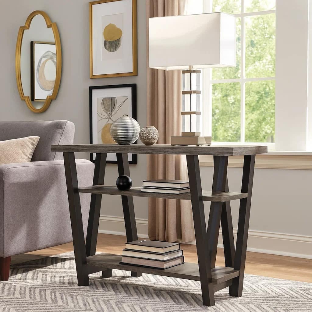 Zigzag Contemporary Solid Wooden Sofa Table With Bottom Shelves, Gray And Black