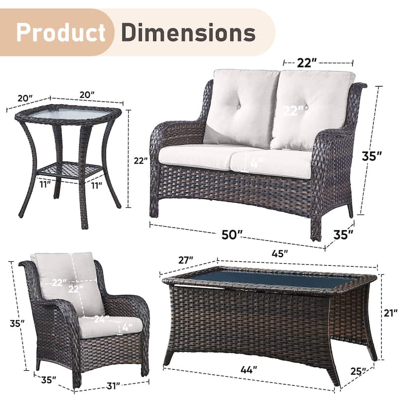 Pocassy 5 Pieces Outdoor Patio 2-Seat Sofa Chairs with Coffee Table