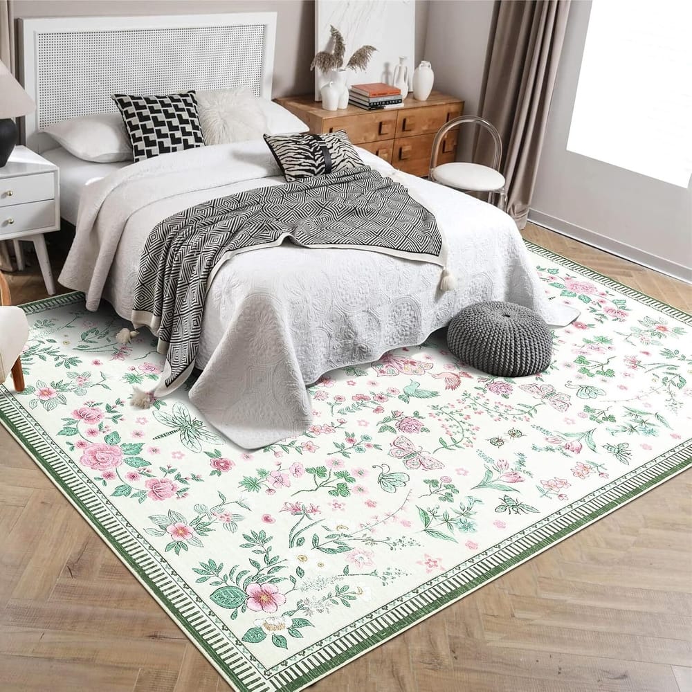 Modern Floral Machine Washable Indoor Waterproof Area Rug for Bedroom, Living Room, Pink - 2' x 3'