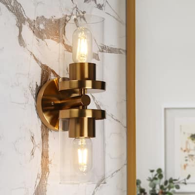 Mid-century Modern Glam 2-Light Reversible Cylinder Clear Glass Bathroom Sconce Lights - 13.8'' H x 4.7'' W x 5.5'' D