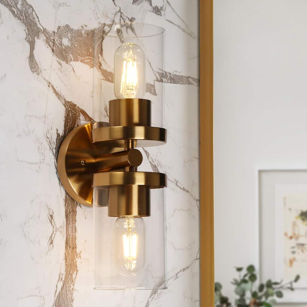 Mid-century Modern Glam 2-Light Reversible Cylinder Clear Glass Bathroom Sconce Lights - 13.8'' H x 4.7'' W x 5.5'' D