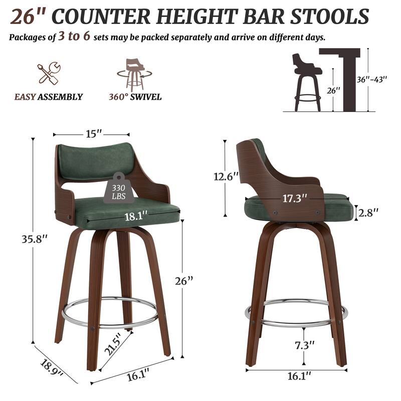 Modern Swivel Bar Stools with Curved Wood Back Upholstered Armrest Counter Stool
