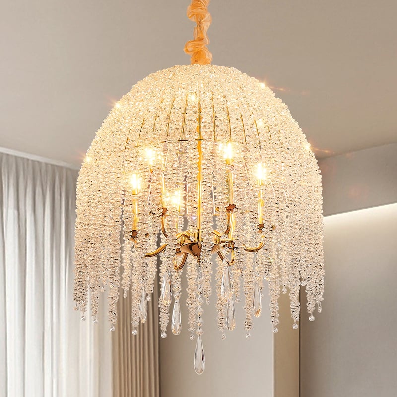 20" 6-Light Gold Crystal Pendant - Waterfall Design - Living Dining Bedroom(Bulb Not Included) - Gold