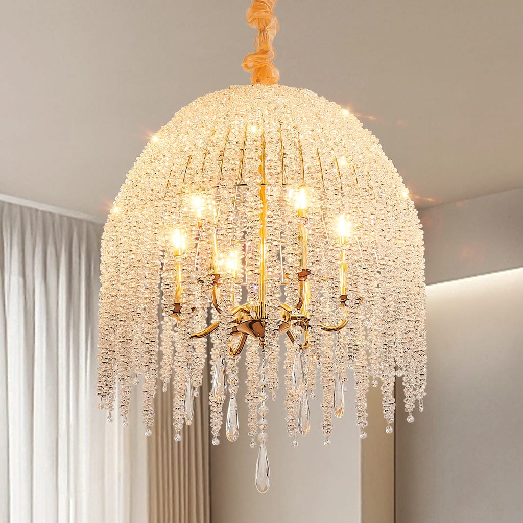 20" 6-Light Gold Crystal Pendant - Waterfall Design - Living Dining Bedroom(Bulb Not Included)