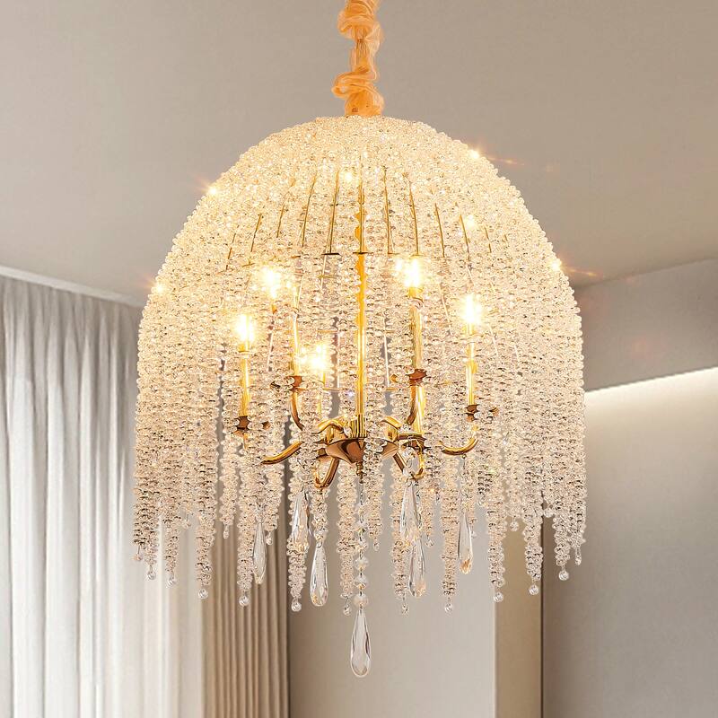 20 Inch 6-Light K9 Crystal Pendant Light Chandelier- Elegant Waterfall Design with Cascading Crystal Bead Strings - Gold