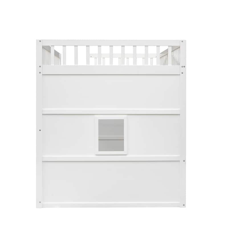White+Gray Full Size Solid Wood House Loft Bed with Ladder