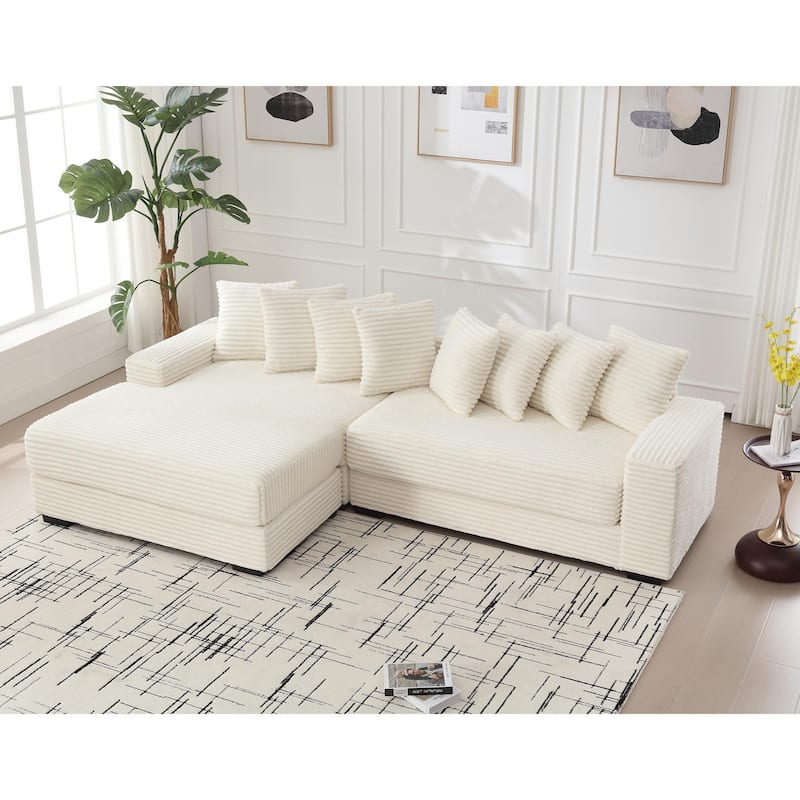 111" Corduroy Upholstered L-Shaped Sectional Sofa with Oversized Chaise Longue and 8 Throw Pillows