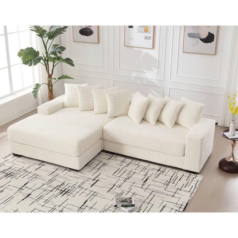 Oversized Corner Couch L-Shaped Corduroy Sofa Set with Left Chaise Daybed, Armrests, and Eight Throw Pillows