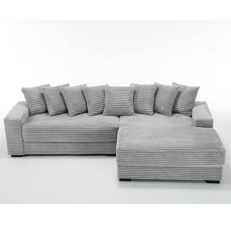 111" Corduroy L-Shape Sectional Sofa with Right Chaise, 8 Throw Pillows and Square Armrests