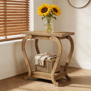 Natural Wood End Table with Curved Leg - Distressed Finish Side Table - 23.6"  x 11.8"