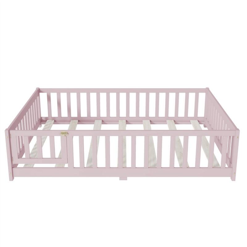 Twin/Full/Queen Size Floor Bed with Fence Guardrails and Door, Rubber Wood Toddler Bed Montessori Bed with Slats Support