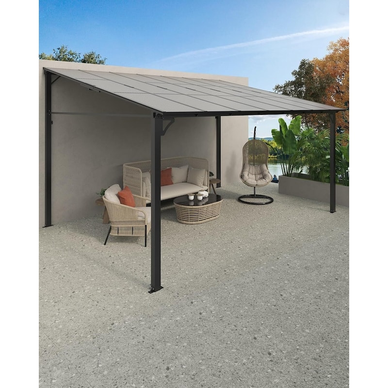 12x16 FT Wall Mounted Lean to Hardtop Gazebo Pergola for Porch, Decks, Backyard - 12X16 Ft - Grey