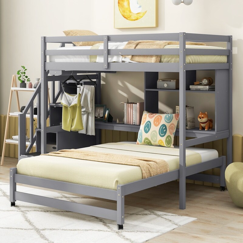 Twin over full l shaped bunk bed with stairs 2025