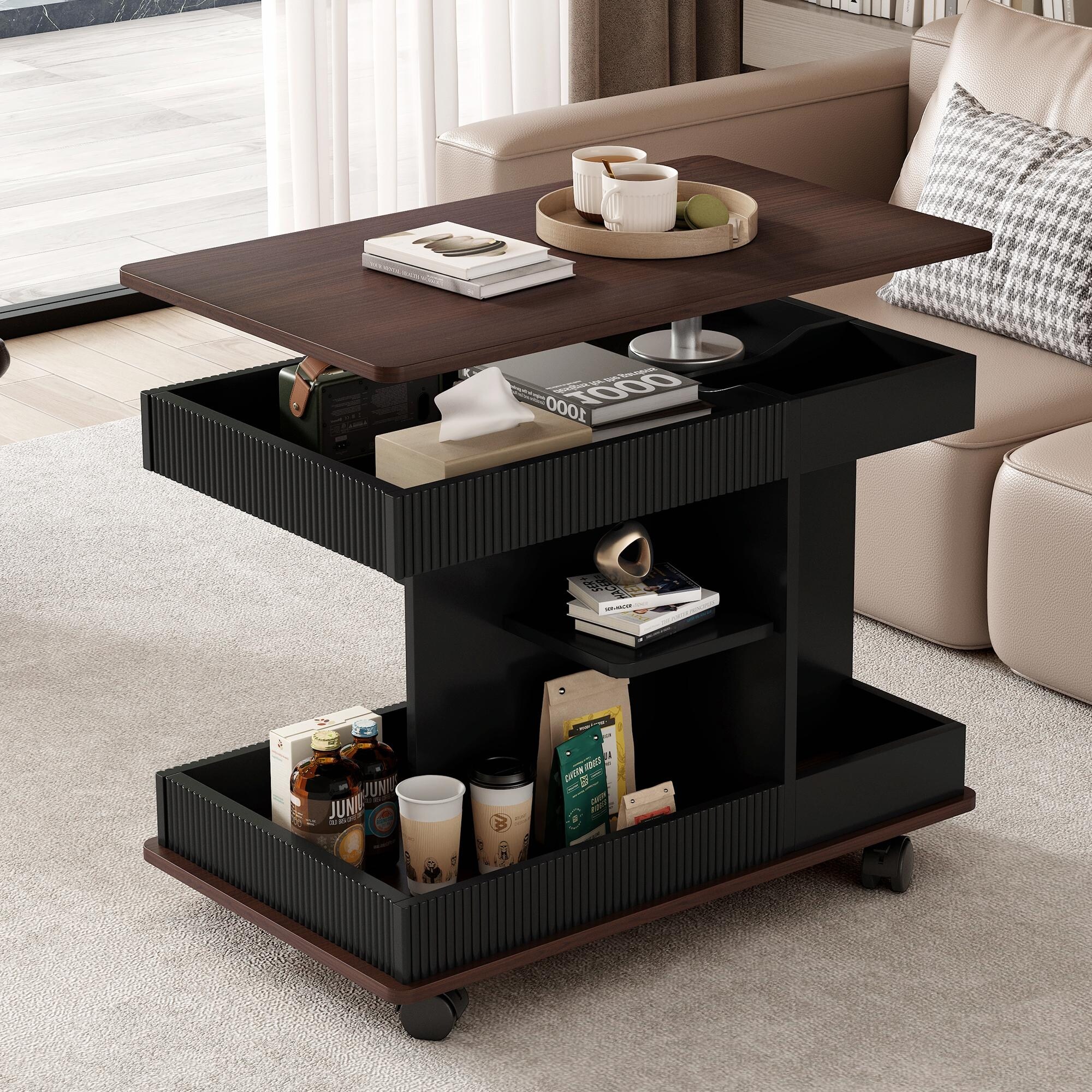 Modern Multifunctional Sofa Side Table with Lift-Top, 360