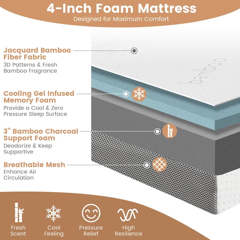 4-Inch White Grey Tri-Fold Design Memory Foam Mattress with Cooling Gel for Home or Travel