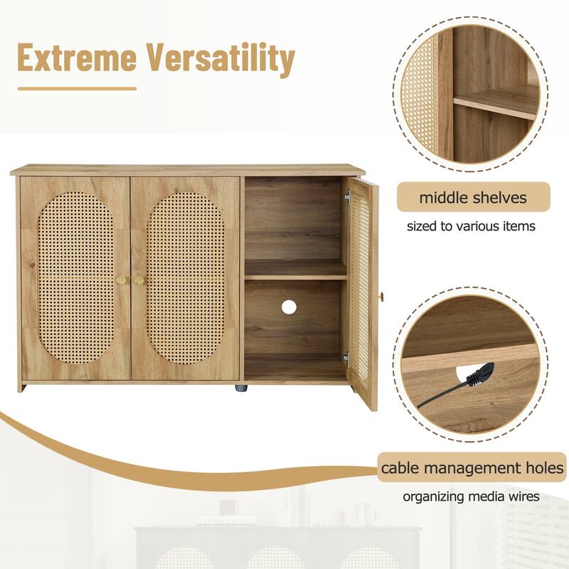 Retro 3-Door Sideboard with Artificial Rattan Doors, Metal Handles & Large Storage Space