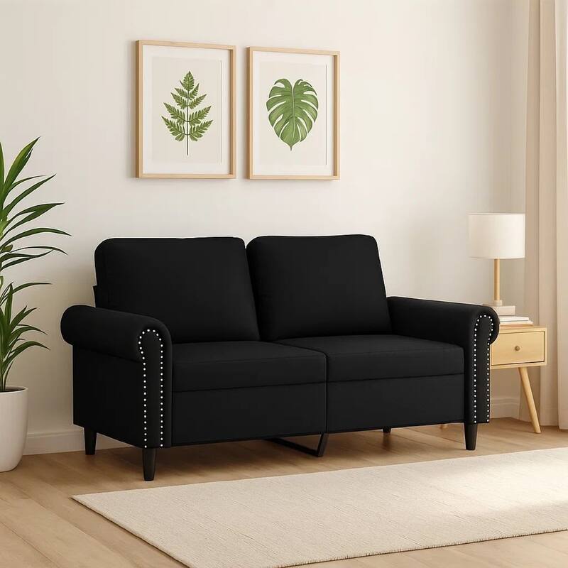 2 Seater Sofa, Nailhead Trim Black Faux Leather Cushions, 60 Inch