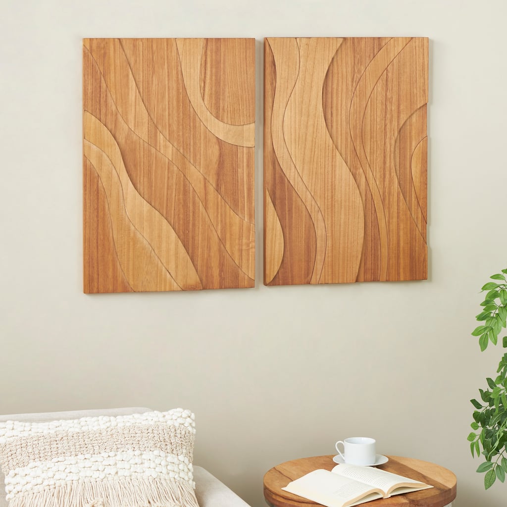 Brown Wooden Wavy Carved Abstract Home Wall Decor (Set of 2)