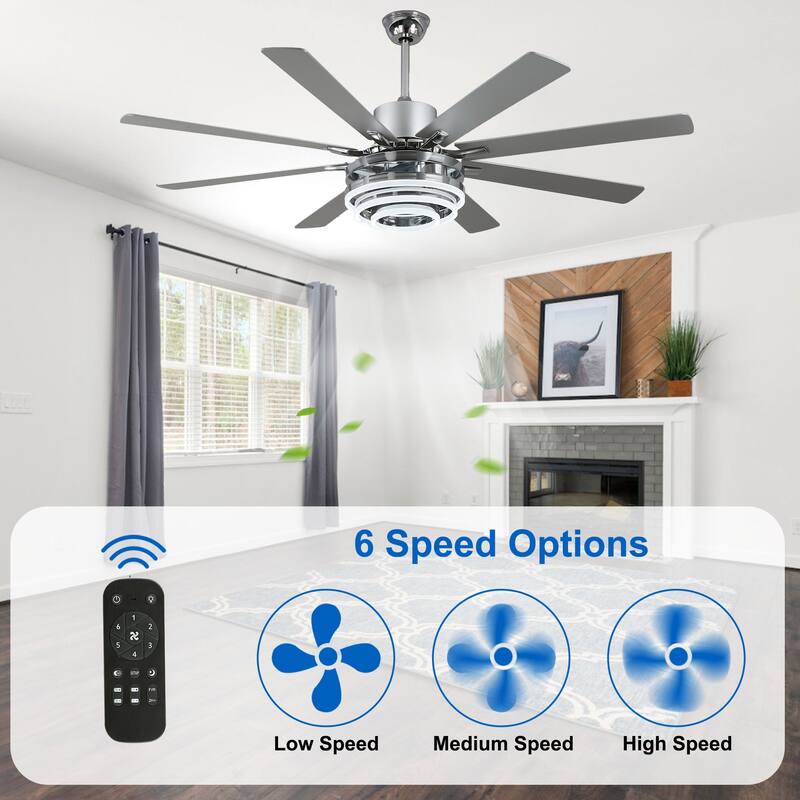 CurveCurio 72" Modern Large Ceiling Fan w LED Light, 8 Wood Blades and Quiet DC Reversiable Motor w 6 Speeds, Remote Control