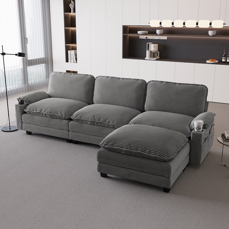 113" L Shaped Sectional Sofa, Deep Seat Cloud Couch with Ottoman, Oversized Corduroy Couch with Cup Holders, Storage Bags - Dark Grey