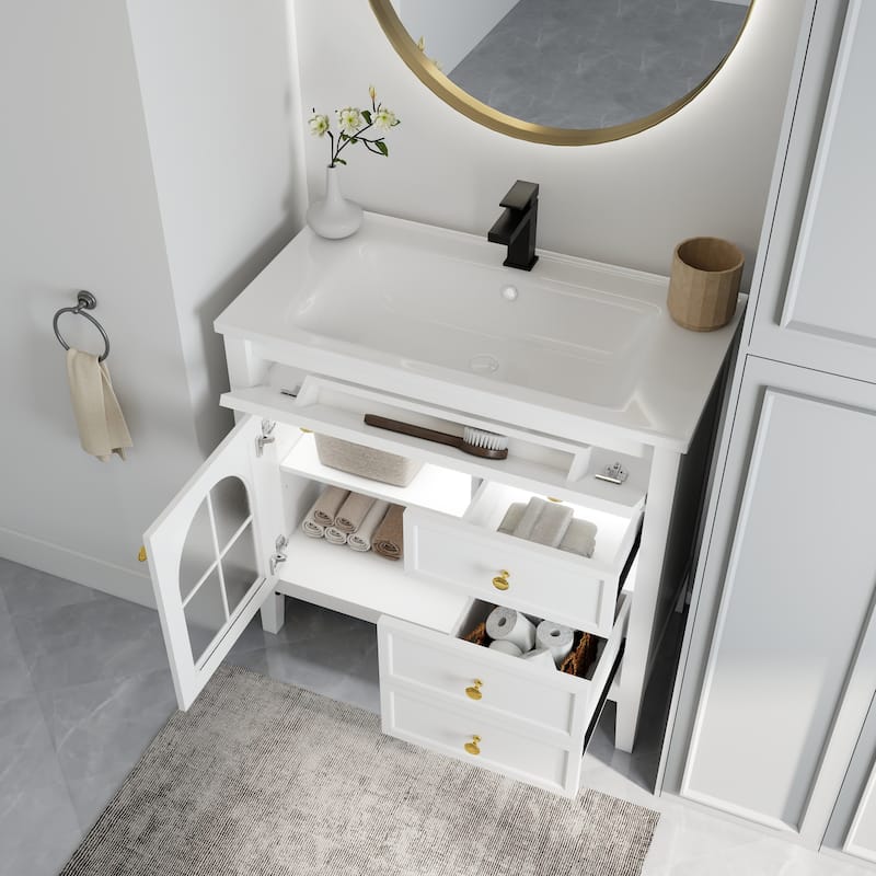 35.6" Mid-Century Bathroom Vanity Sink with Patterned Glass & Motion-sensor Light Strip, Freestanding