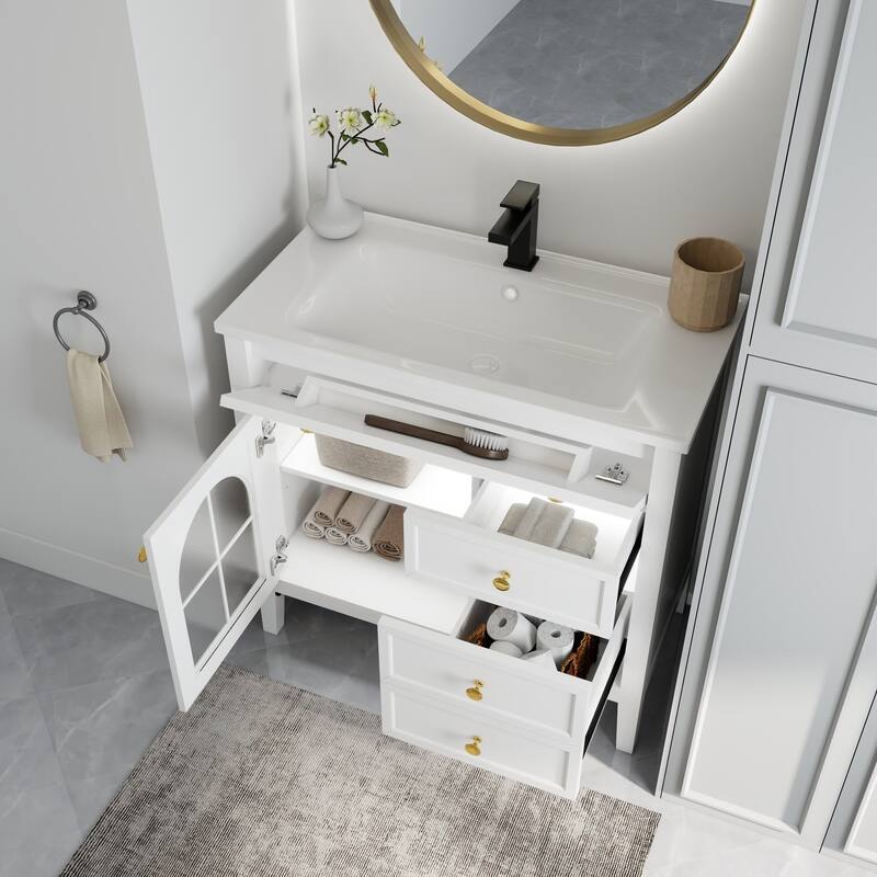 Freestanding 36" Bathroom Vanity Sink Cabinet with Motion-sensor Light Strip, Patterned Glass & Drawers