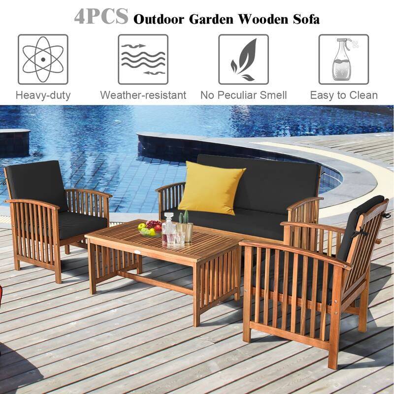 Costway 4PCS Patio Solid Wood Furniture Set Conversation Coffee Table - 4-Piece Sets