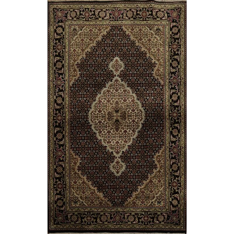 Hand Knotted Oriental 100% Wool Carpet Traditional Floral Black Tabriz-Mahi Area Rug - 5' 11'' X 4' 1''
